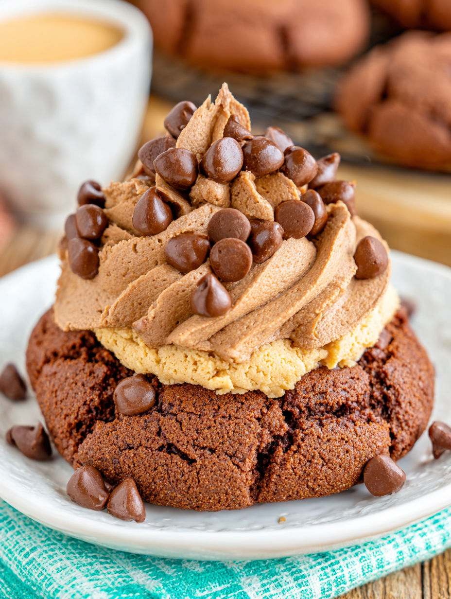 A chocolate dessert with chocolate chips on top.