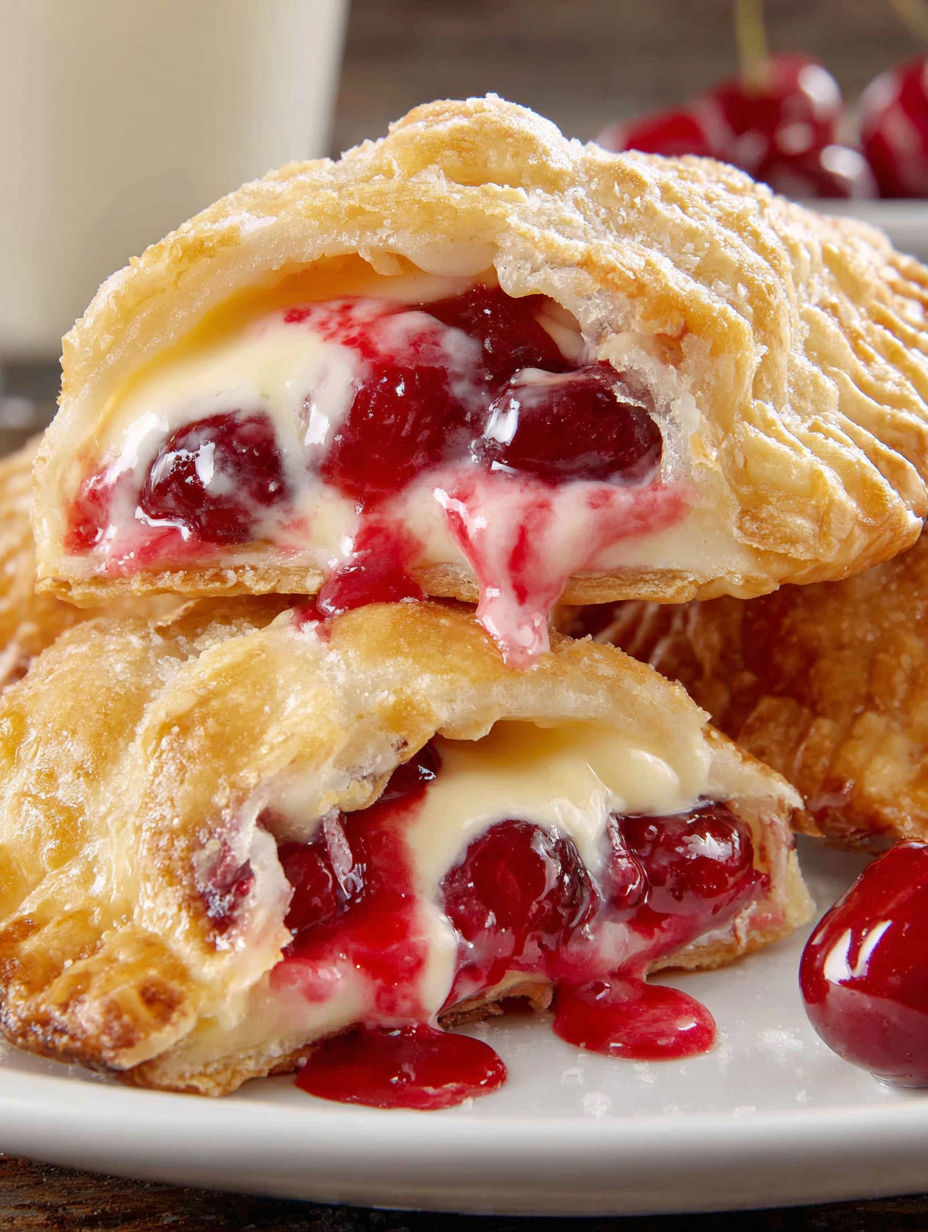 A close up of a cherry cheesecake hand pie.
