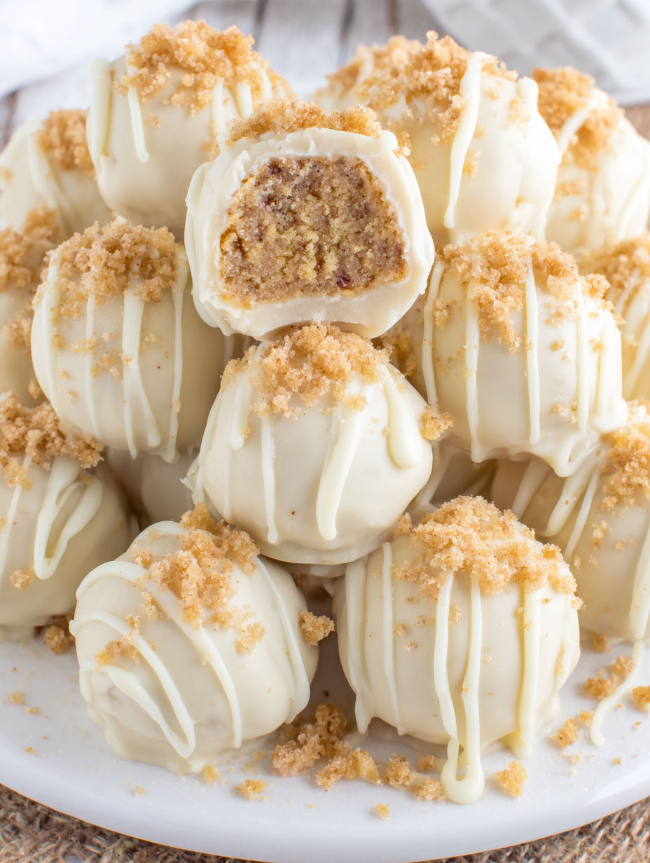 A stack of white chocolate truffles with a crunchy topping.