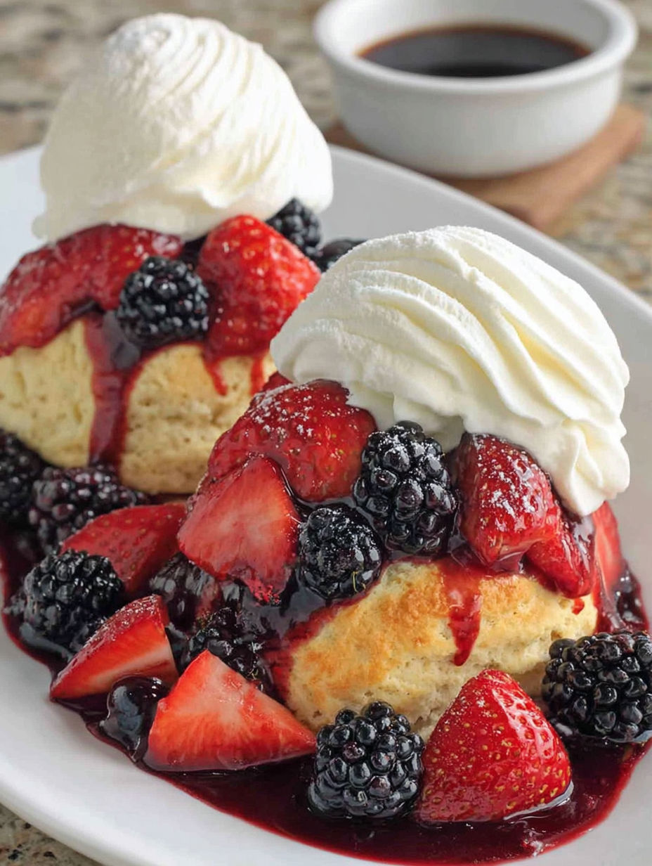 A dessert with strawberries and blackberries.