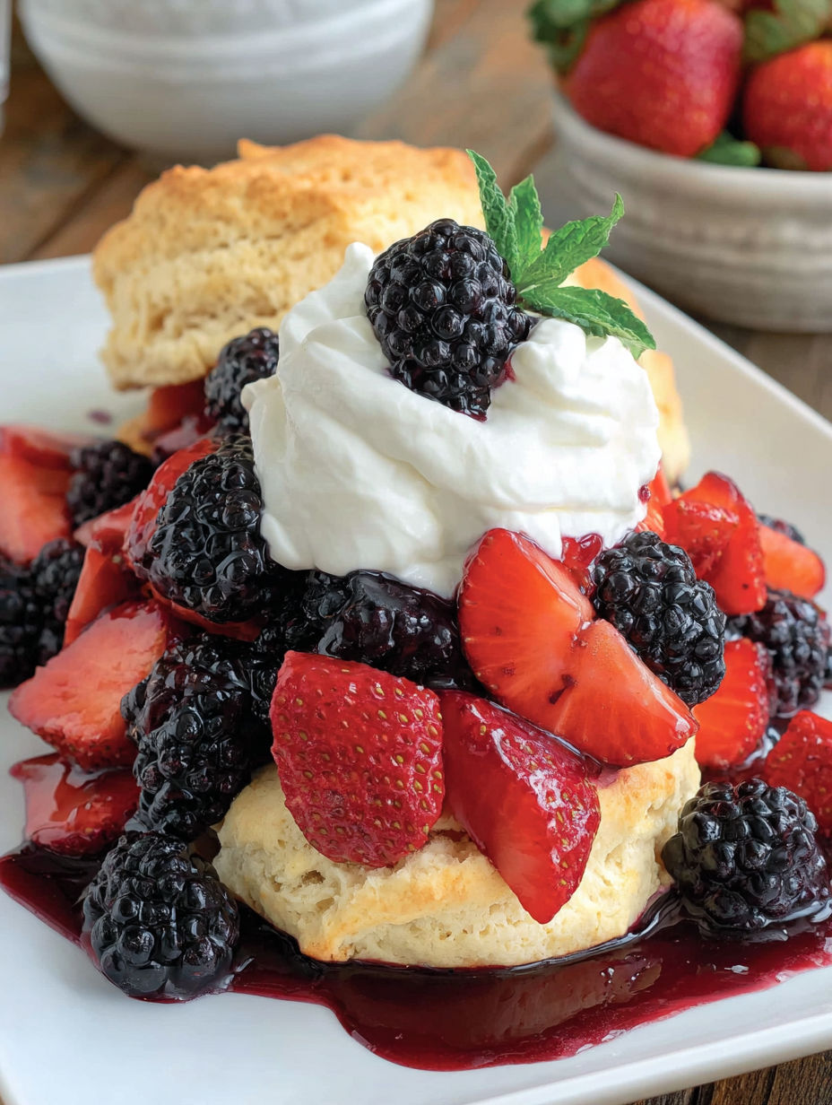 A stack of strawberries and blackberries with whipped cream on top.
