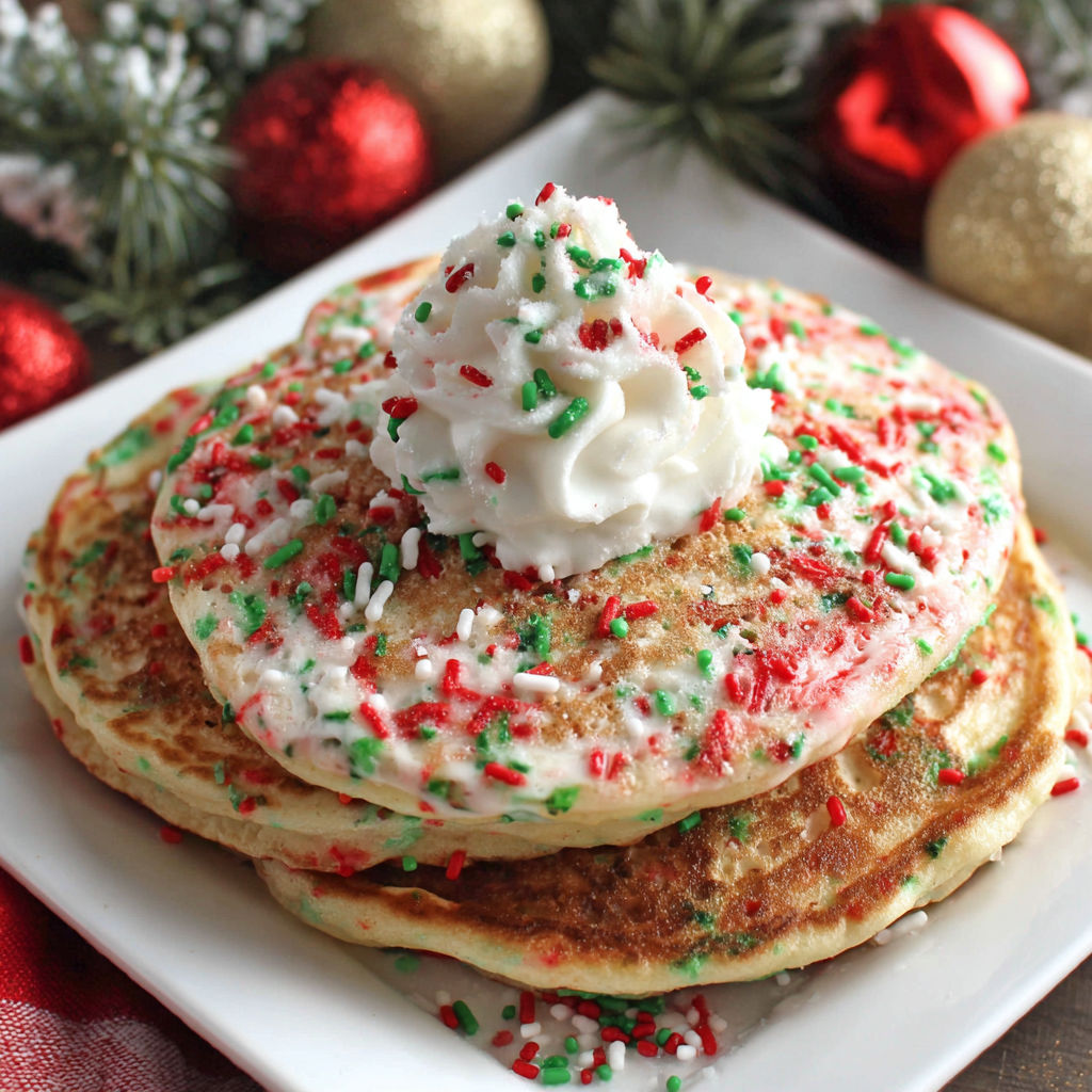 A stack of pancakes with whipped cream and sprinkles on top.
