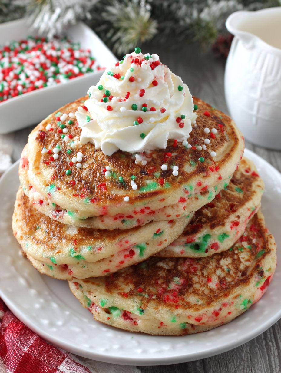 A stack of pancakes with whipped cream and sprinkles on top.