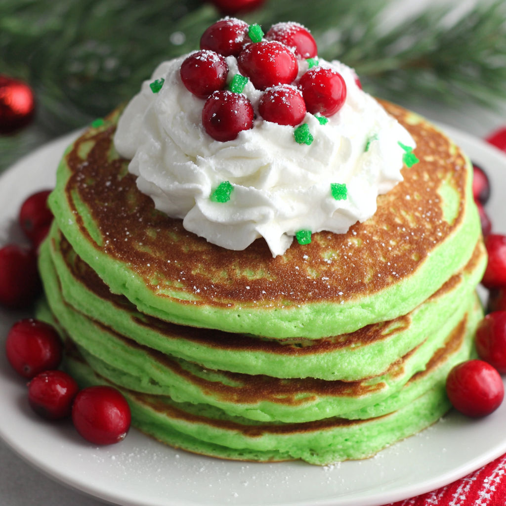 A stack of green pancakes with white whipped cream and red berries.