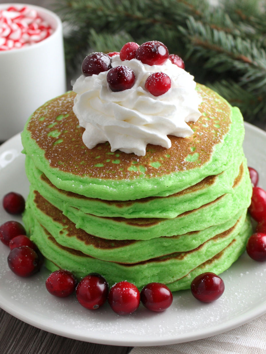 A stack of green pancakes with white whipped cream and red berries on top.