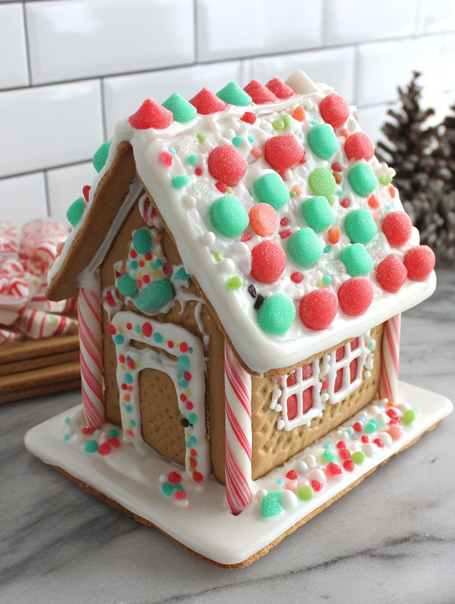 A gingerbread house with a white roof and green and red decorations.