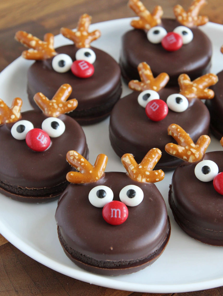 A plate of chocolate cookies with marshmallows and red eyes.
