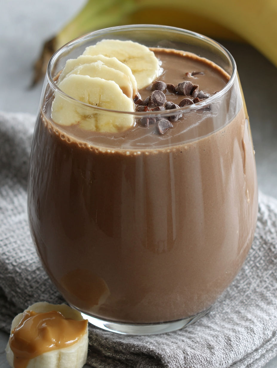 A glass of chocolate peanut butter protein shake.