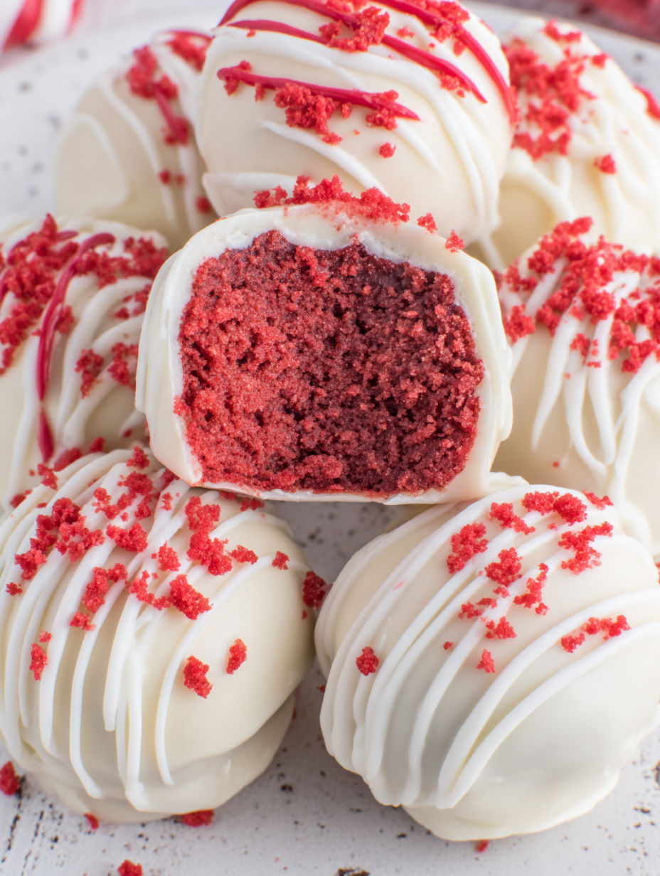 Red velvet cake balls with white frosting.