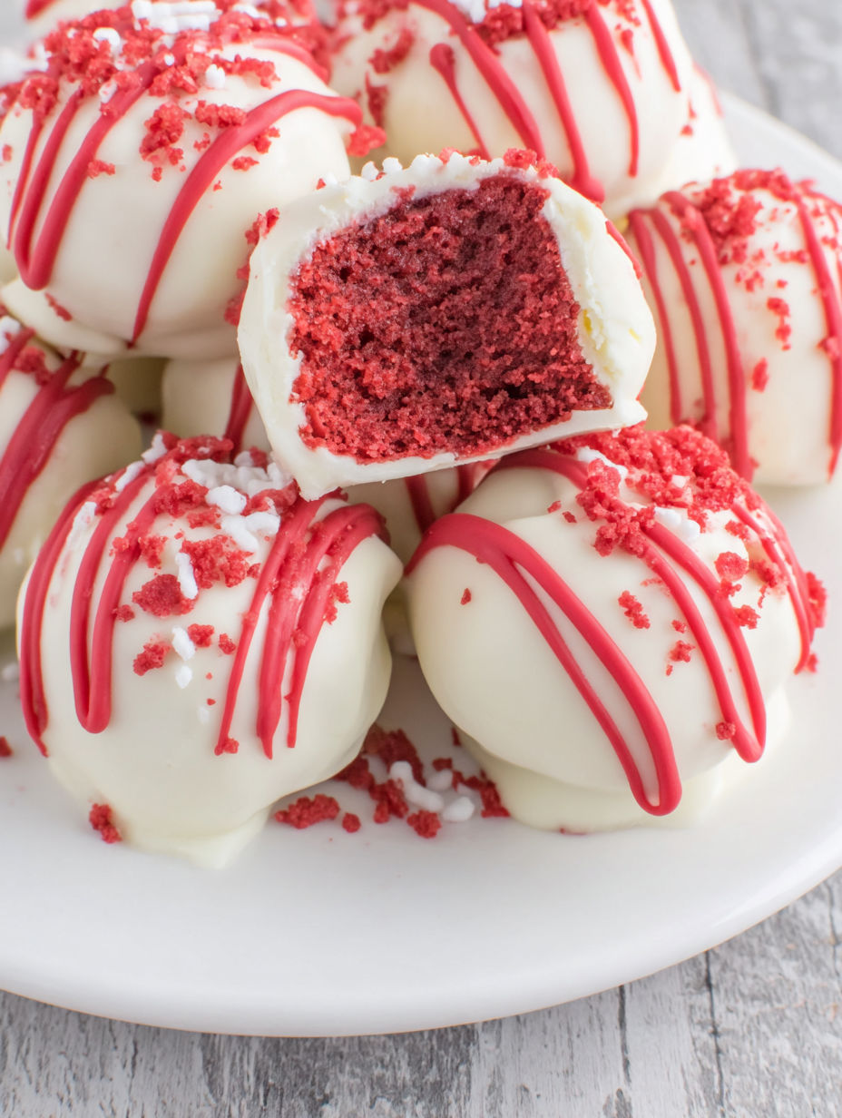 Red velvet cake balls on a plate.