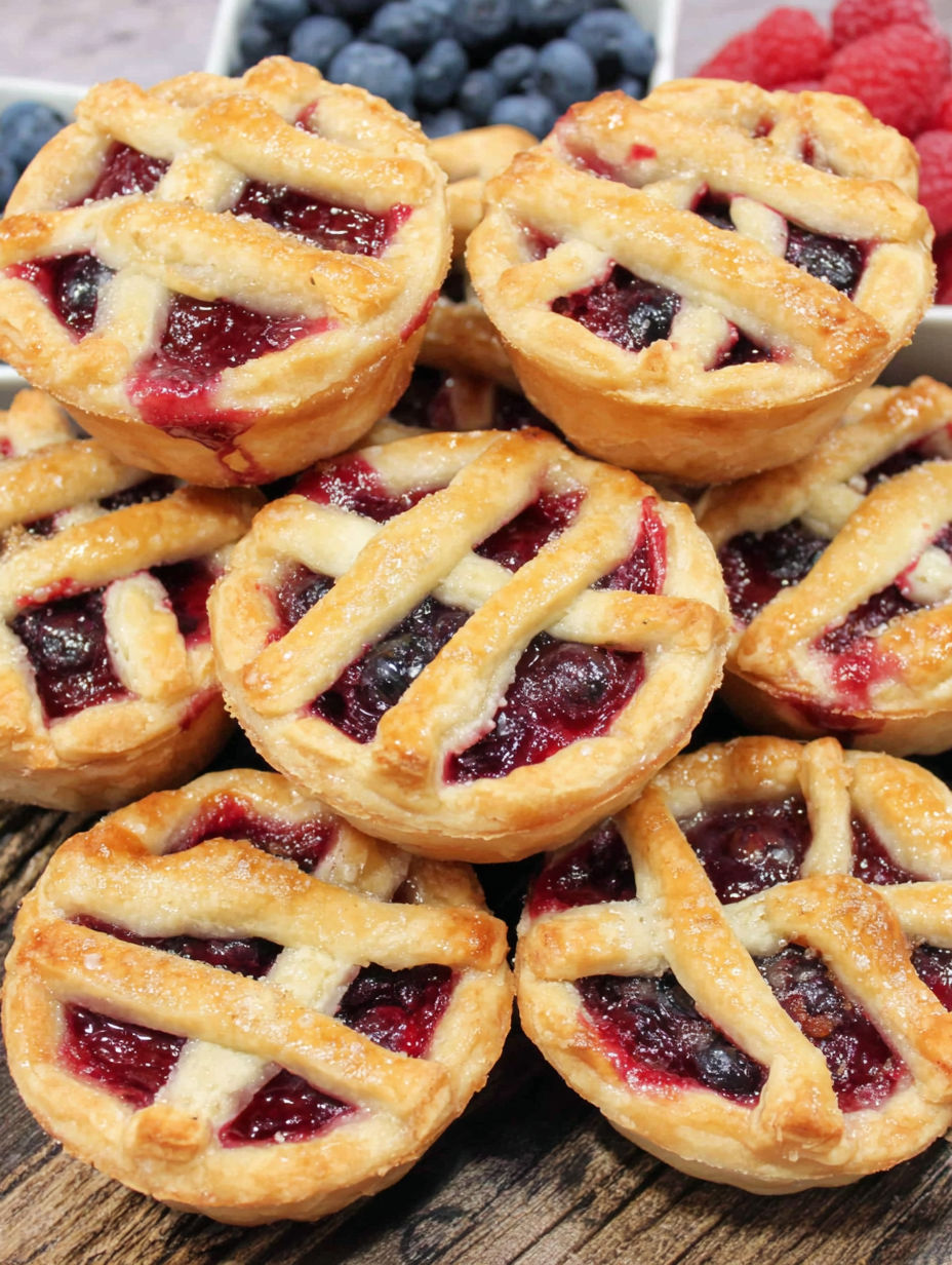 A stack of mini blueberry pies.