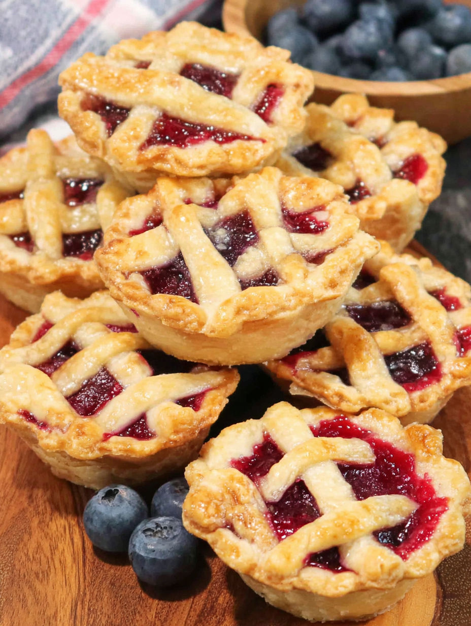 A stack of mini blueberry pies.