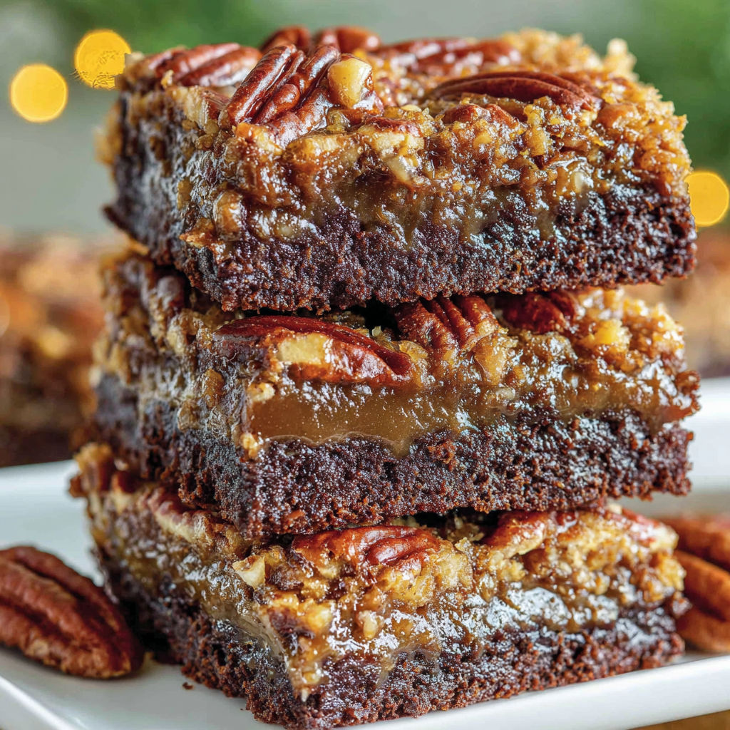 Three pieces of pecan pie brownies stacked on a plate.