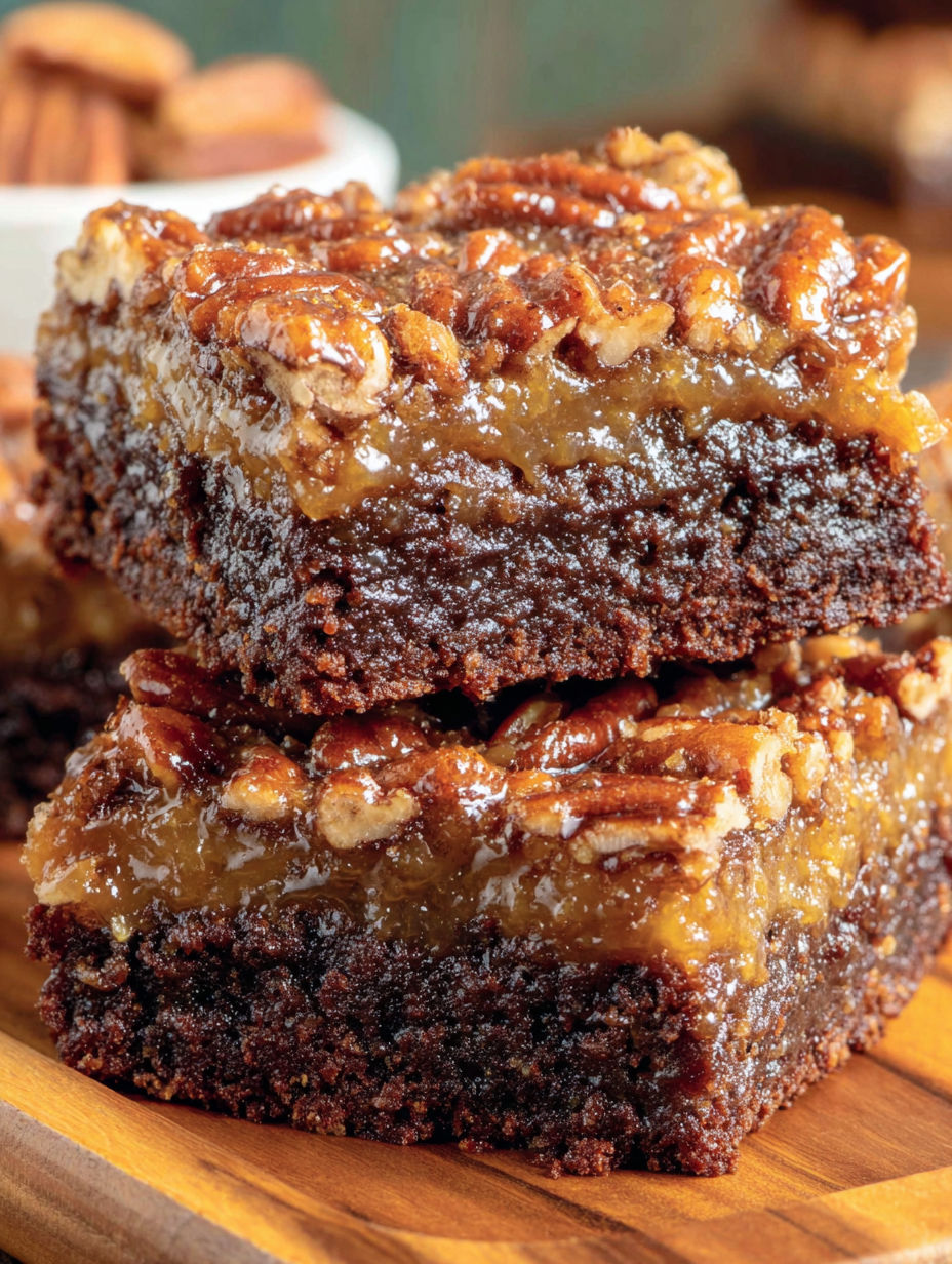 A slice of chocolate cake with caramel sauce.