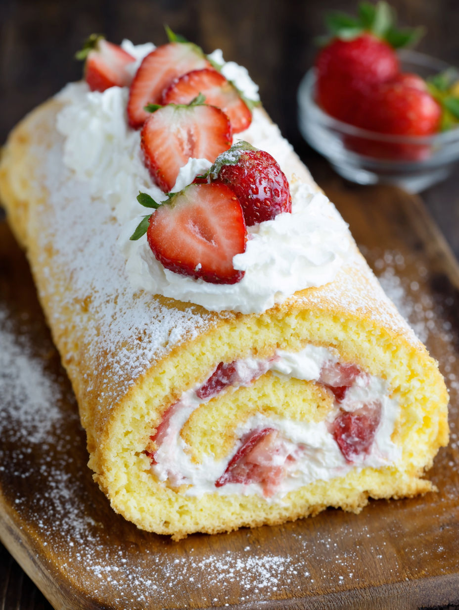 A cake roll with strawberries and cream on top.