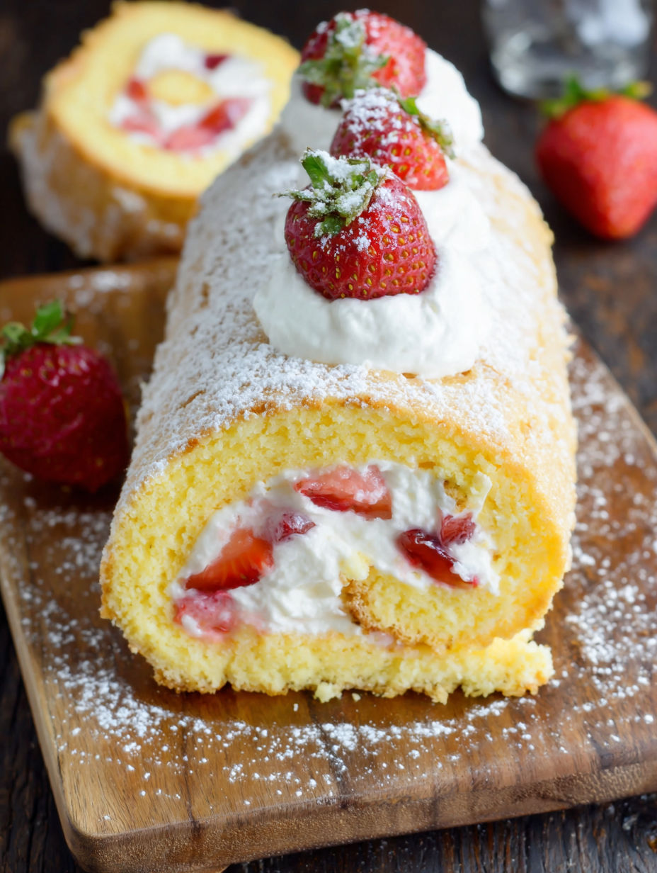 A cake roll with strawberries and cream on top.