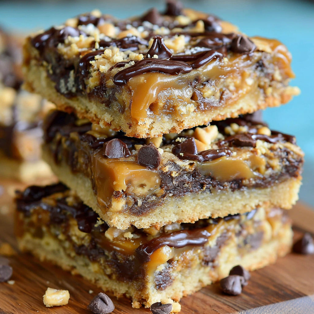 A stack of peanut butter caramel toffee chocolate chip cookie bars.