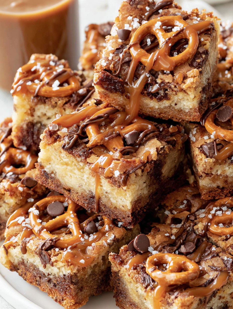 A stack of chocolate chip and caramel covered cake squares.