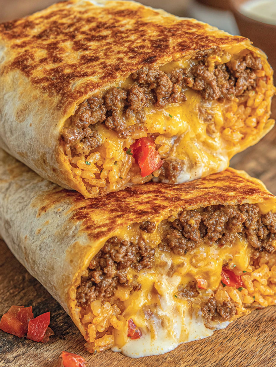 A grilled cheese burrito with meat and vegetables.