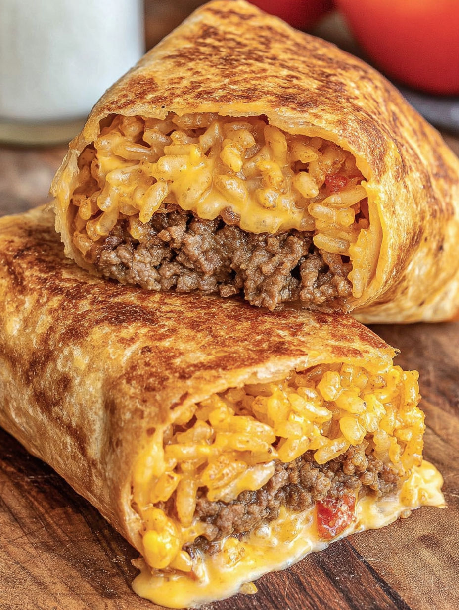 A grilled cheese burrito with rice and meat.