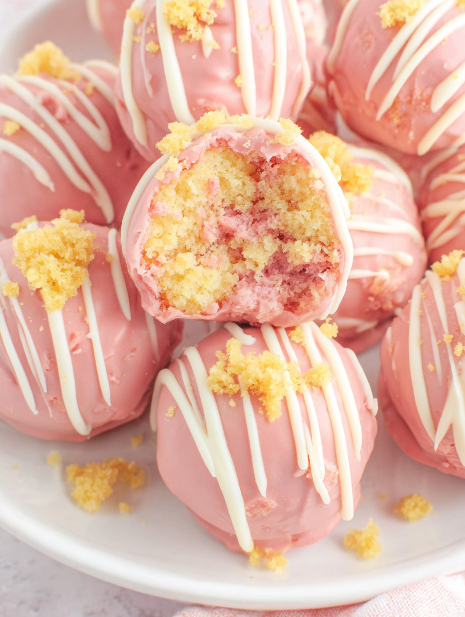 Pink cake with white frosting and sprinkles.