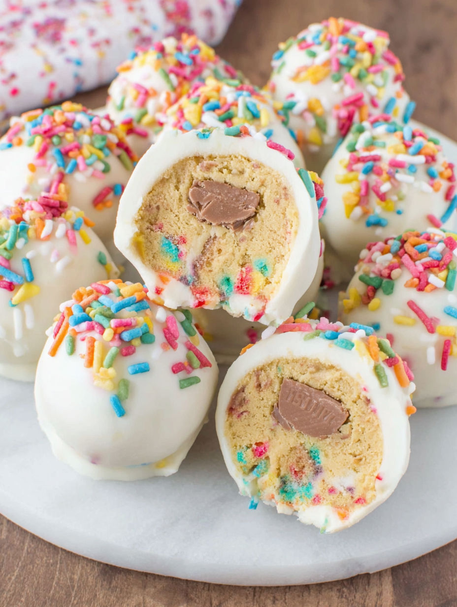 A plate of colorful cookies with chocolate chips.