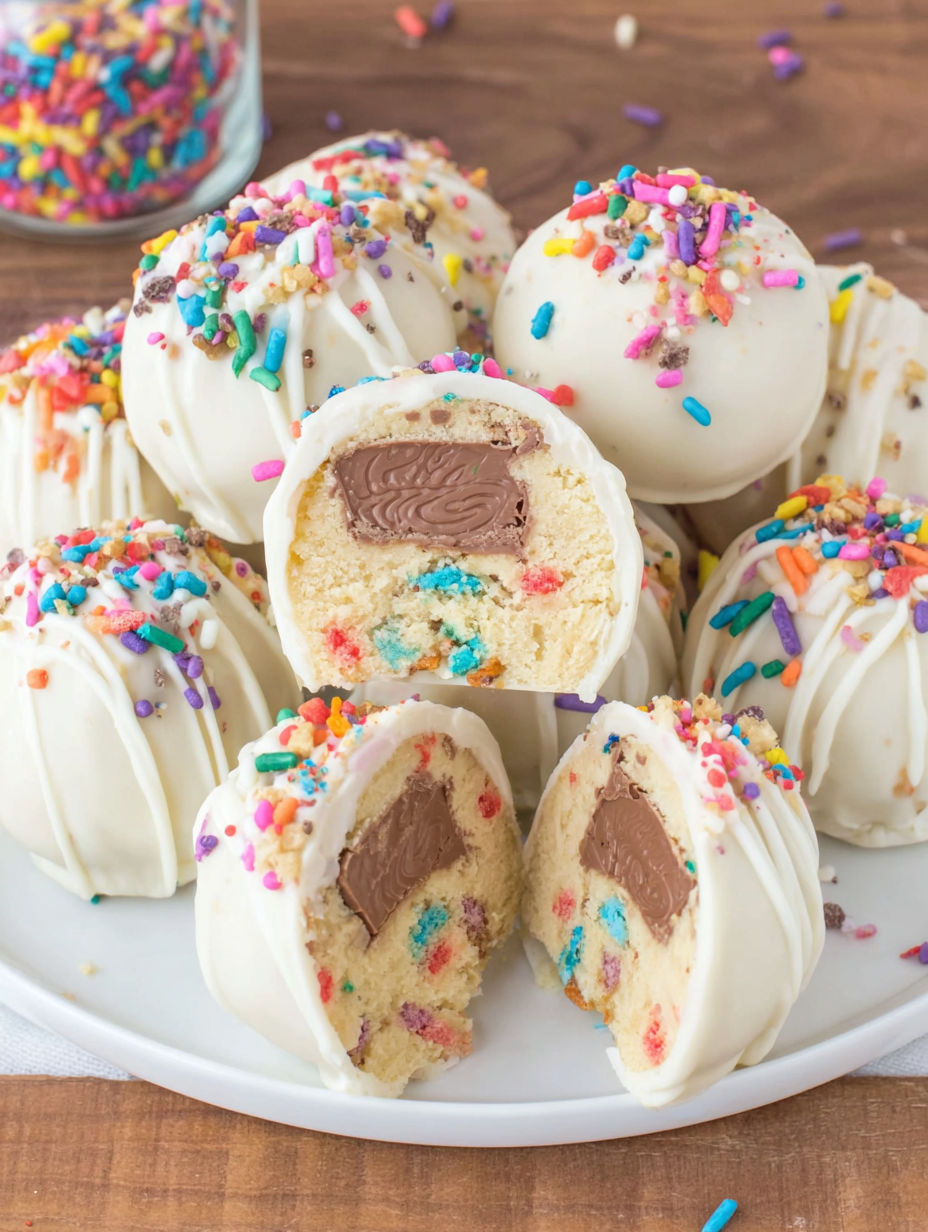 A plate of cake balls with chocolate and white frosting.