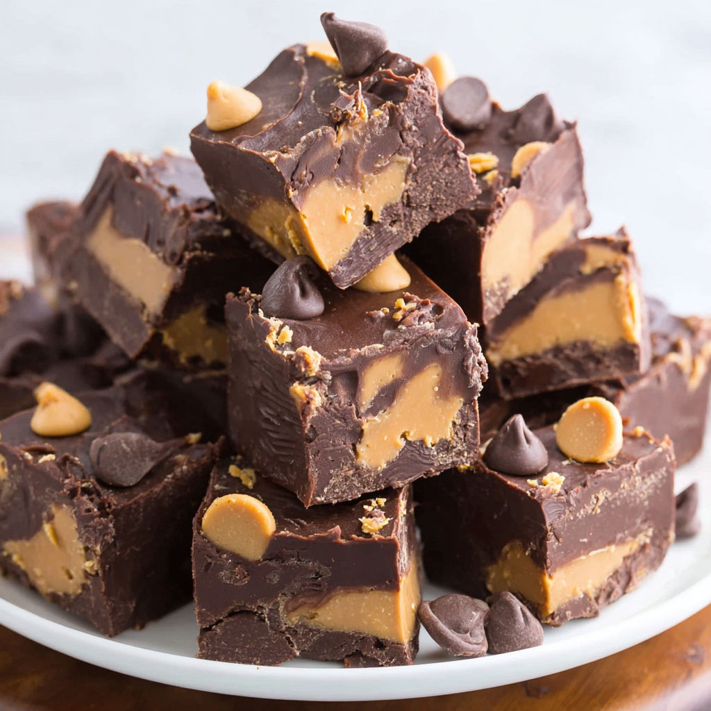 A plate of chocolate cake with peanut butter and chocolate chips.