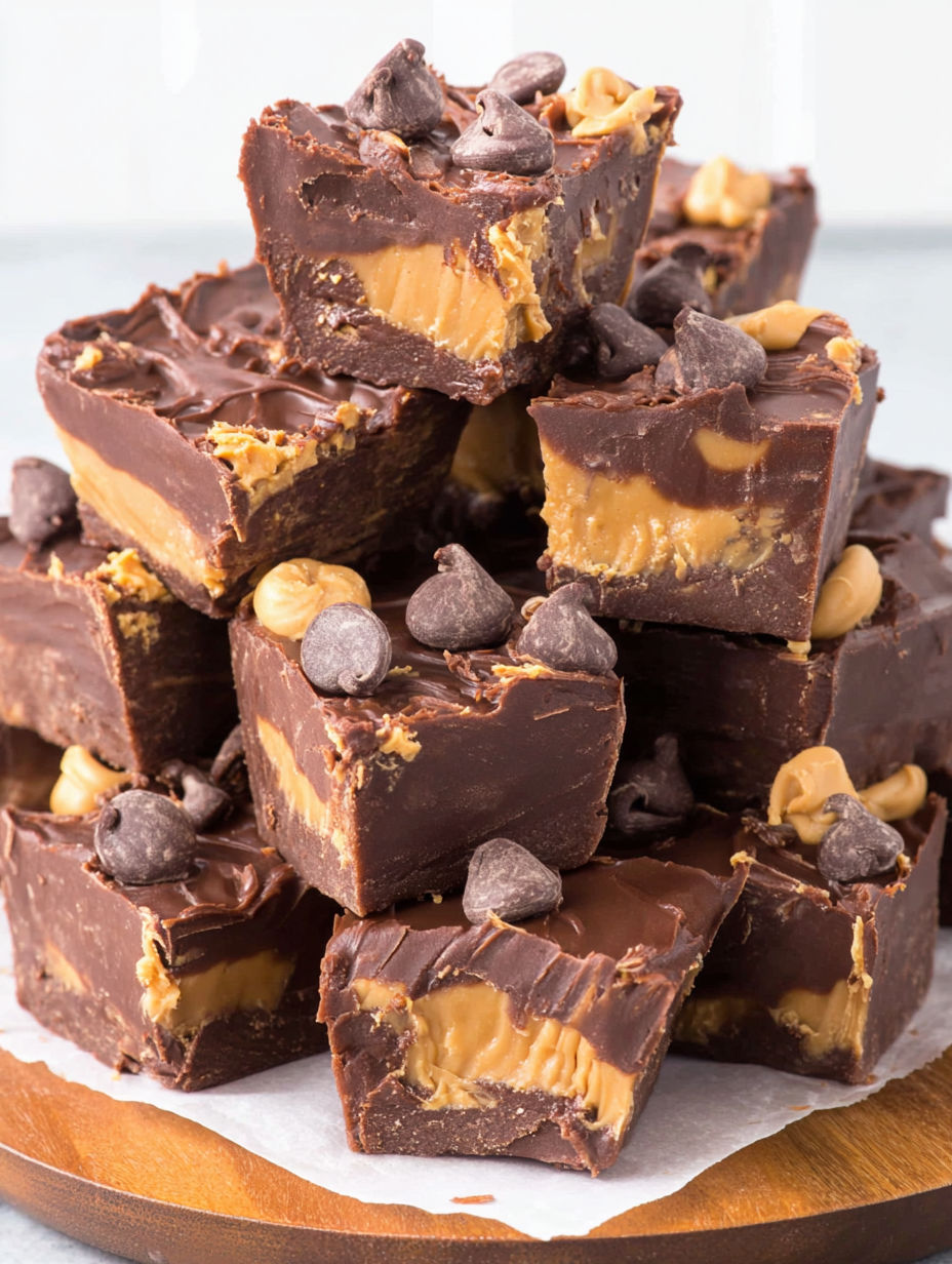 A stack of chocolate cake with peanut butter and chocolate chips.