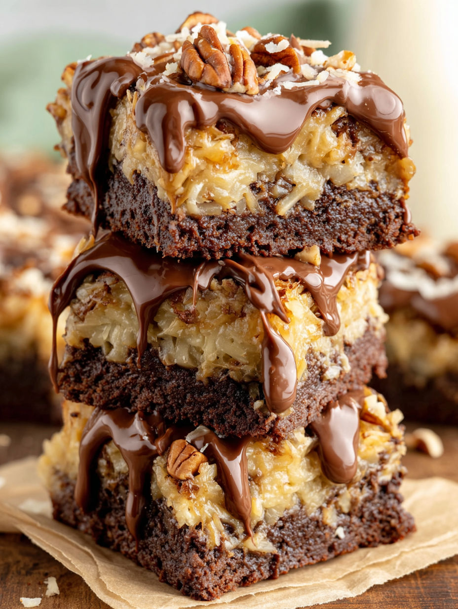 German chocolate brownies with chocolate drizzle.