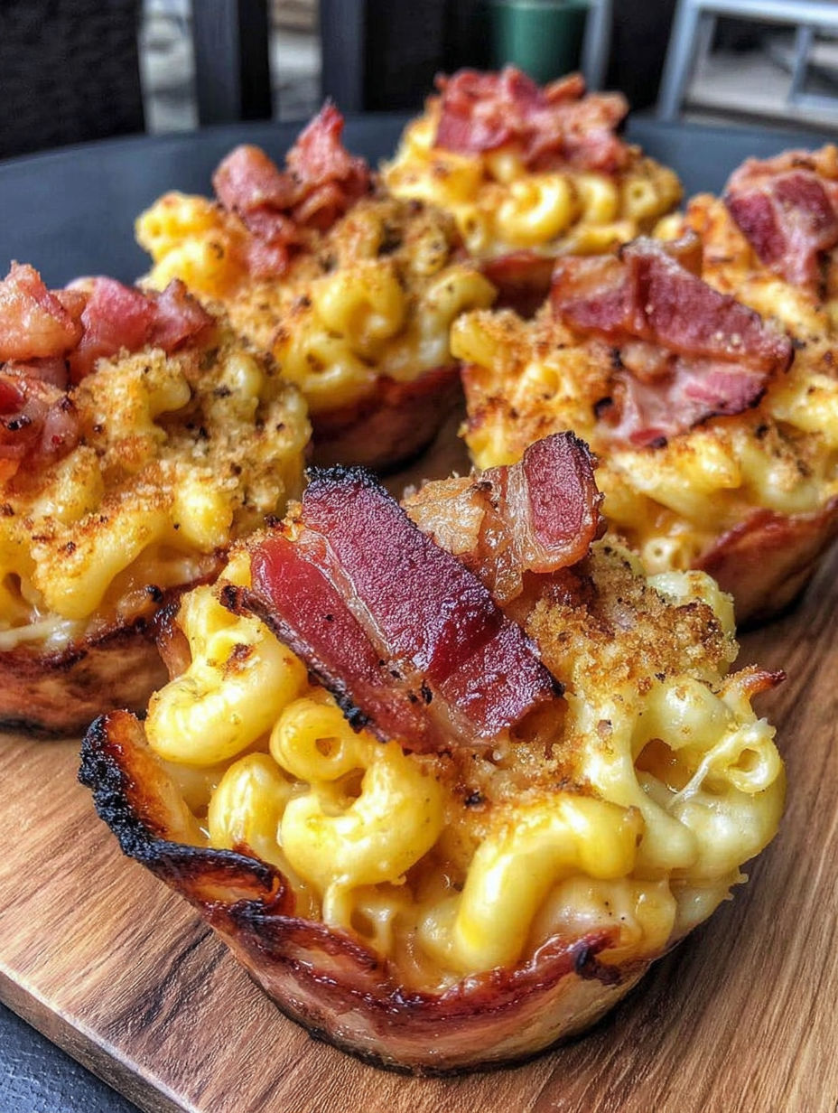 A close up of a macaroni and cheese dish with bacon.