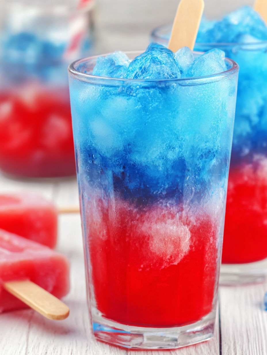 A glass of blue and red liquid.