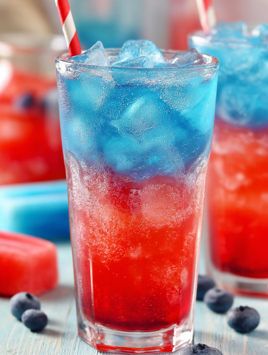 A glass of red, white and blue drink.