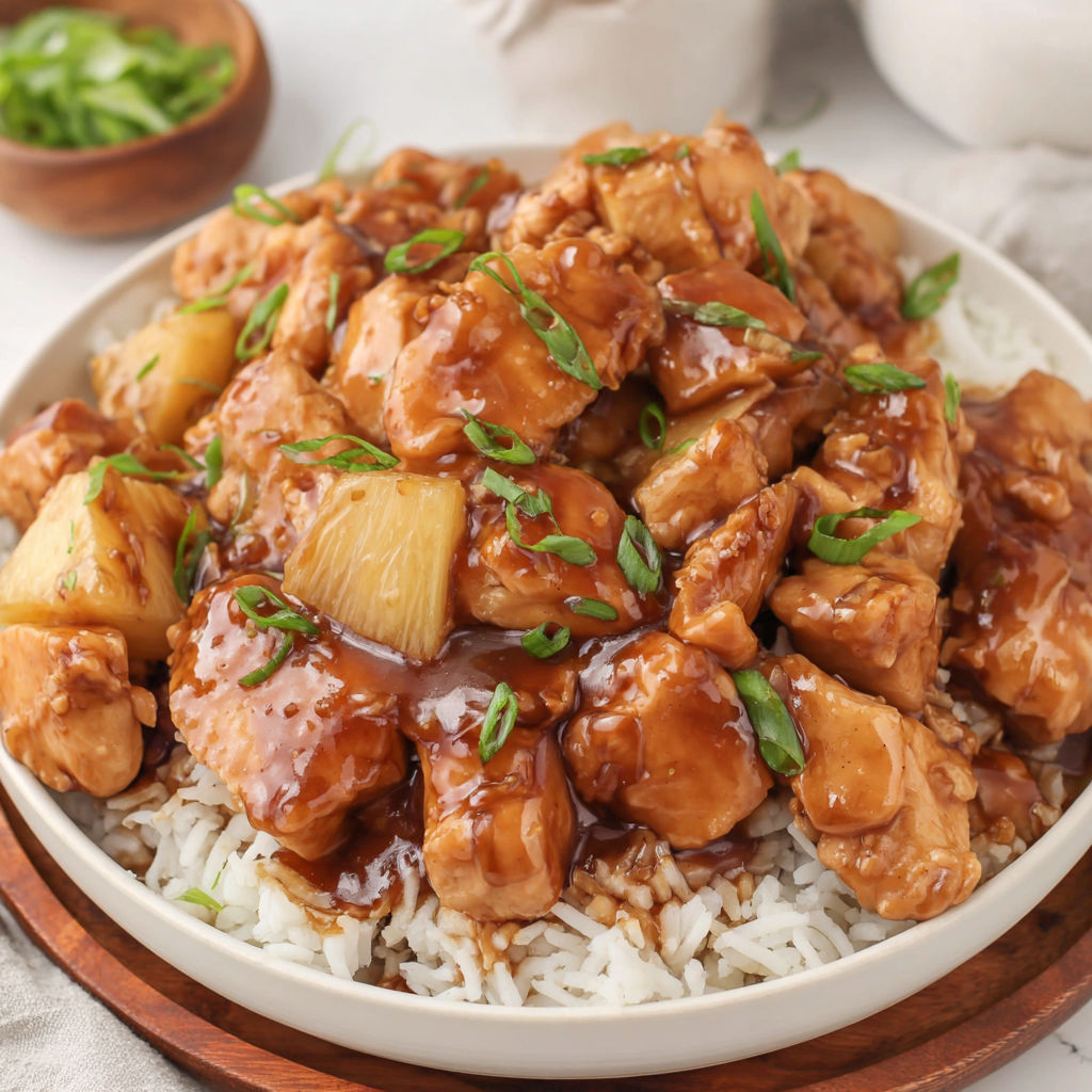 A plate of chicken with rice and pineapple.