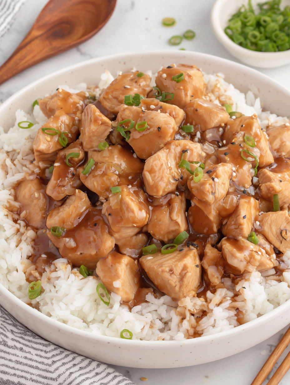 A white bowl filled with rice and chicken.