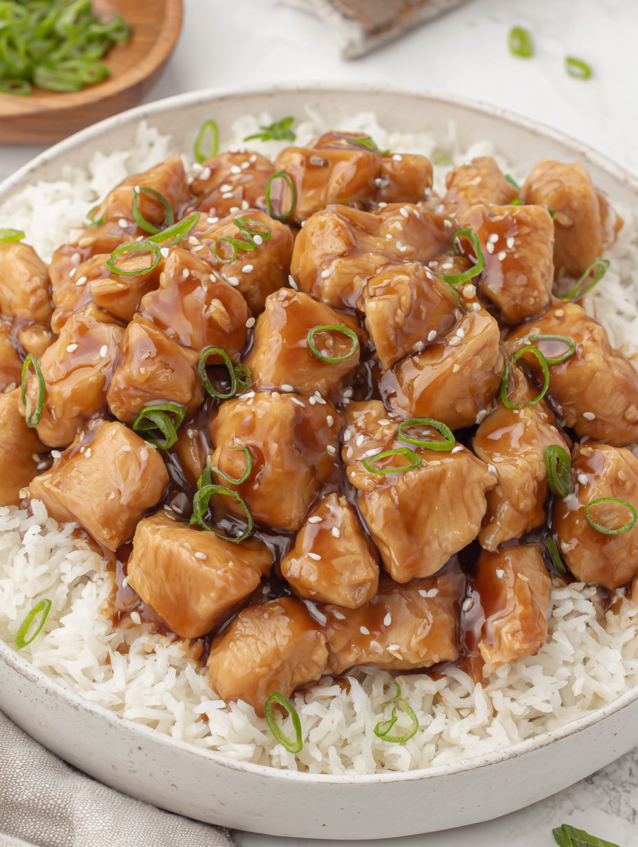 A plate of chicken with rice and sauce.