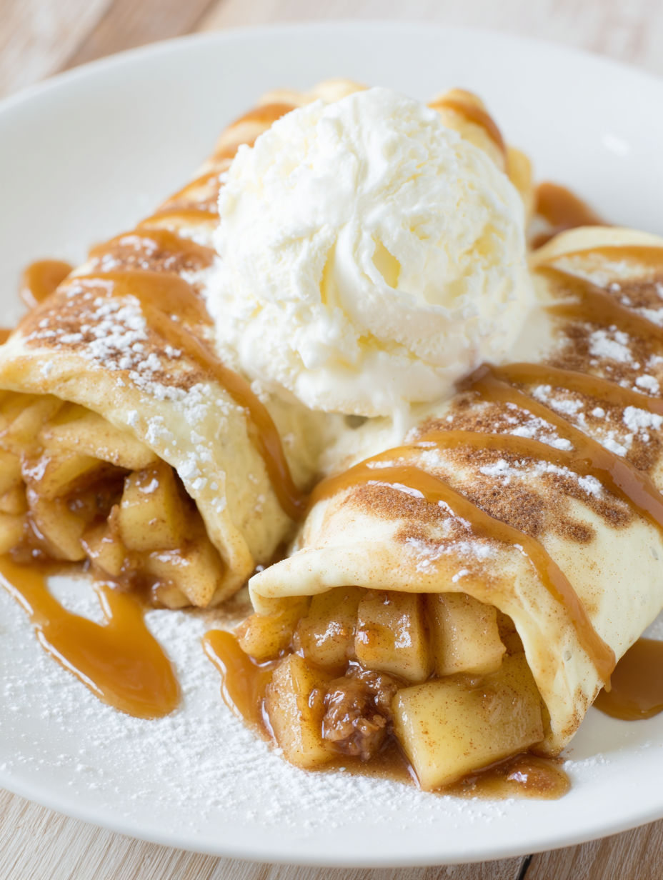 Apple Pie Enchiladas with a scoop of ice cream.