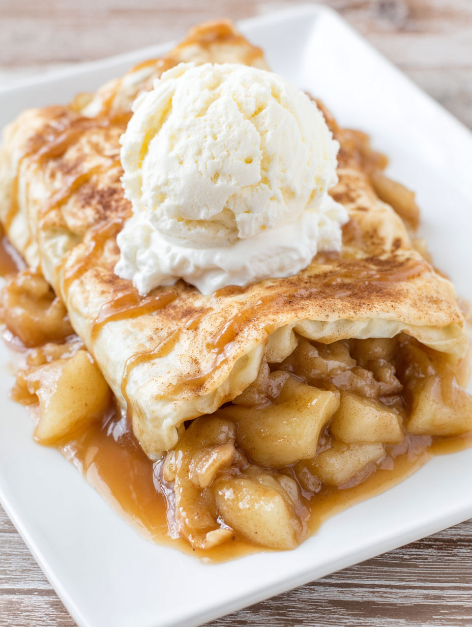 A plate of apple pie enchiladas with a scoop of ice cream on top.