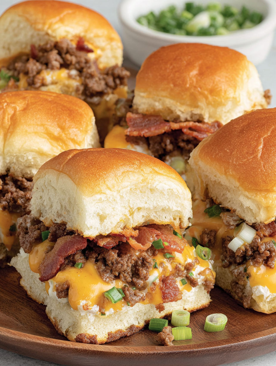 A plate of hamburger sandwiches with bacon and cheese.
