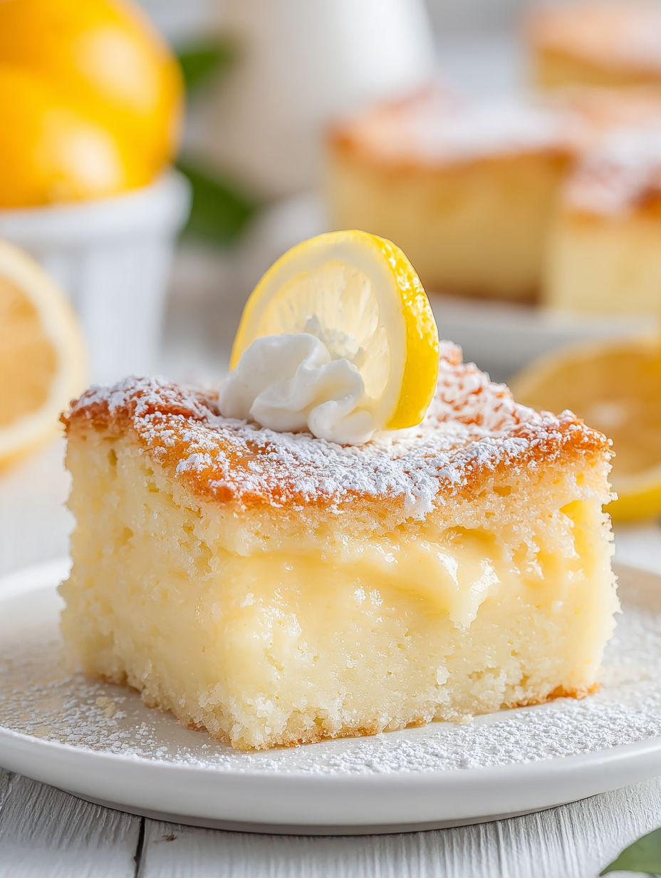 A slice of cake with a lemon wedge on top.