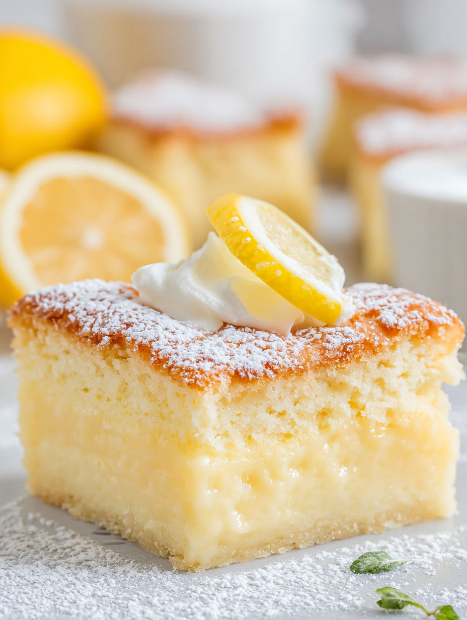 A slice of cake with lemon and whipped cream on top.