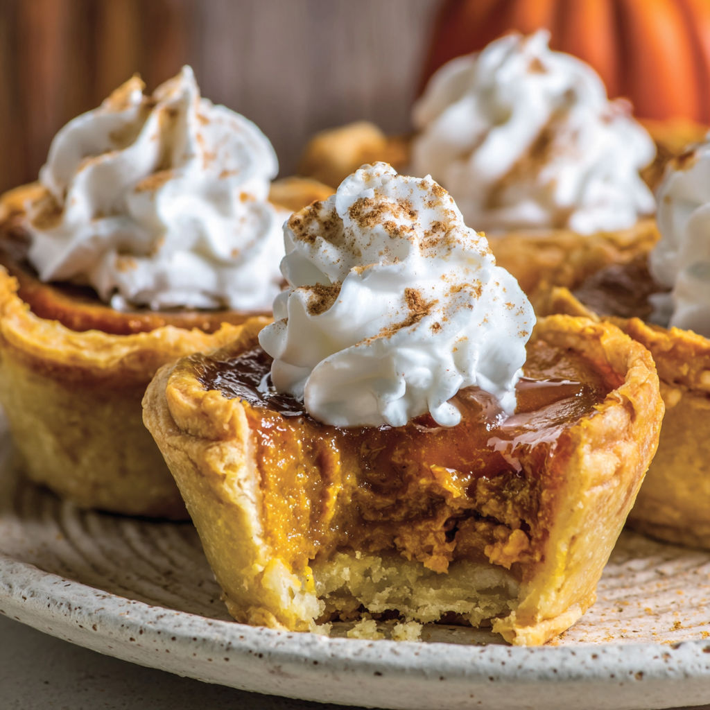 Three mini pumpkin pies with whipped cream on top.