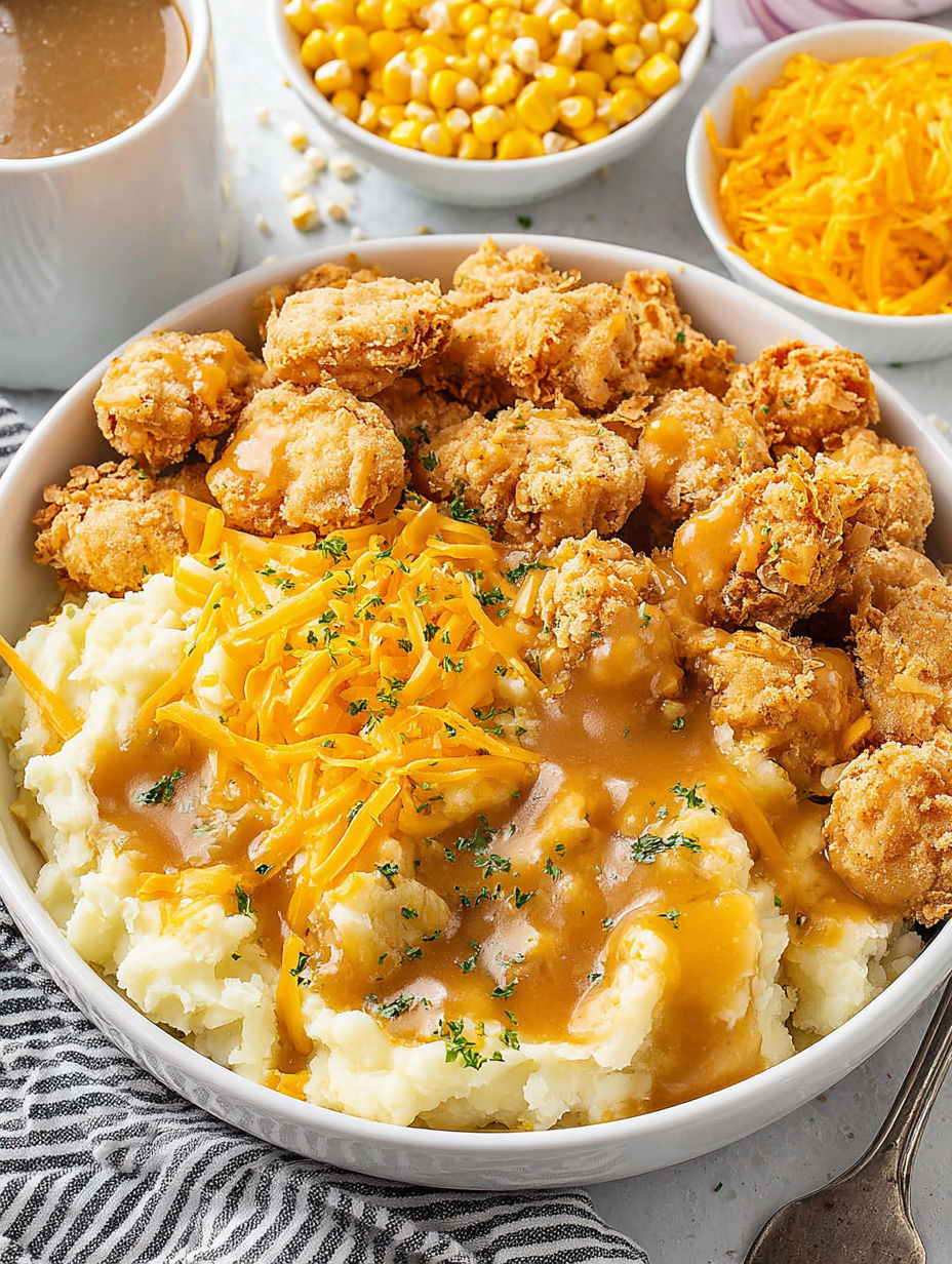 A bowl of food with cheese and gravy.