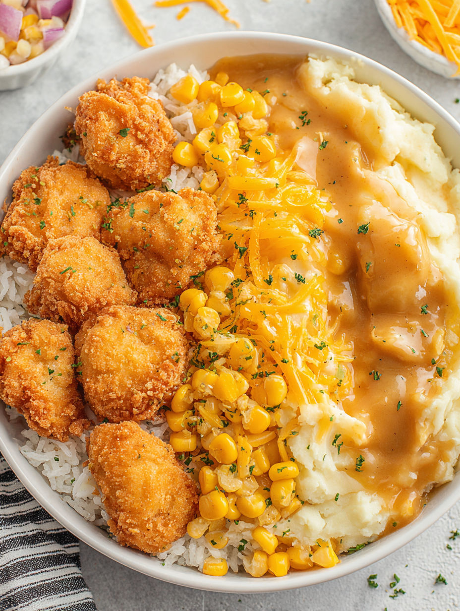 A plate of food with rice, corn, and chicken.