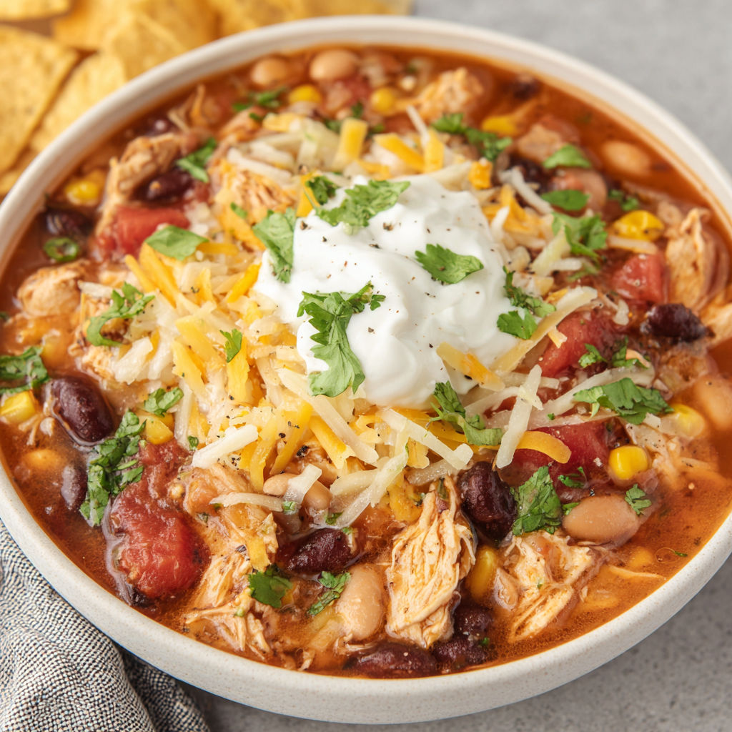 A bowl of chicken soup with a dollop of sour cream on top.