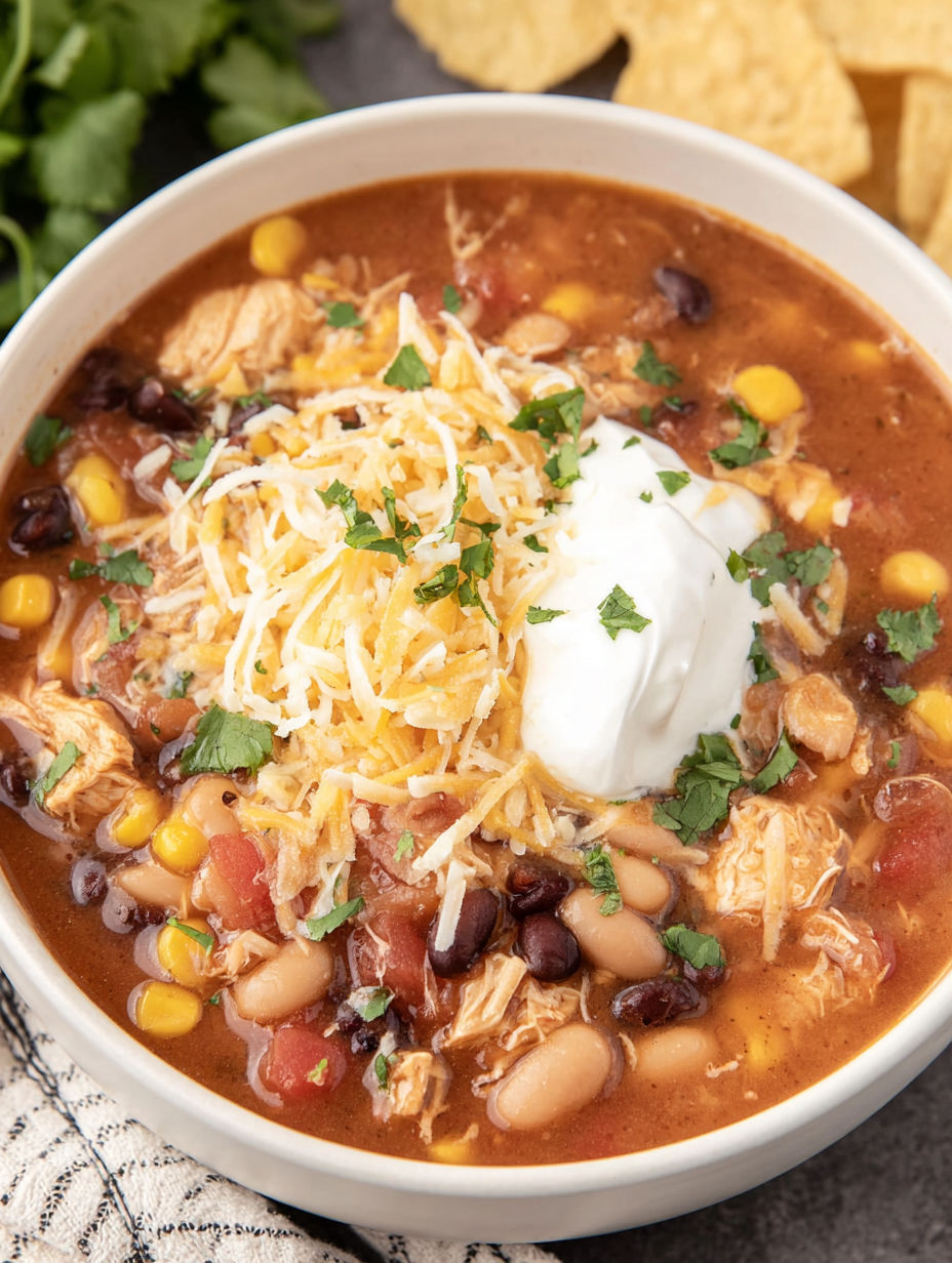 A bowl of soup with a dollop of sour cream on top.