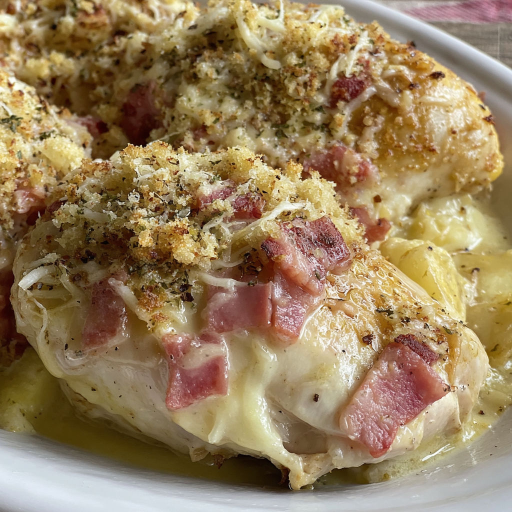 A plate of chicken with cheese and bacon.