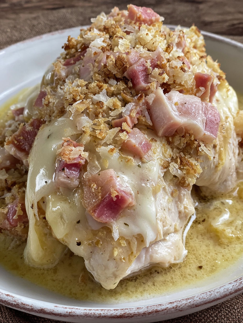A close up of a creamy crock pot chicken cordon bleu.