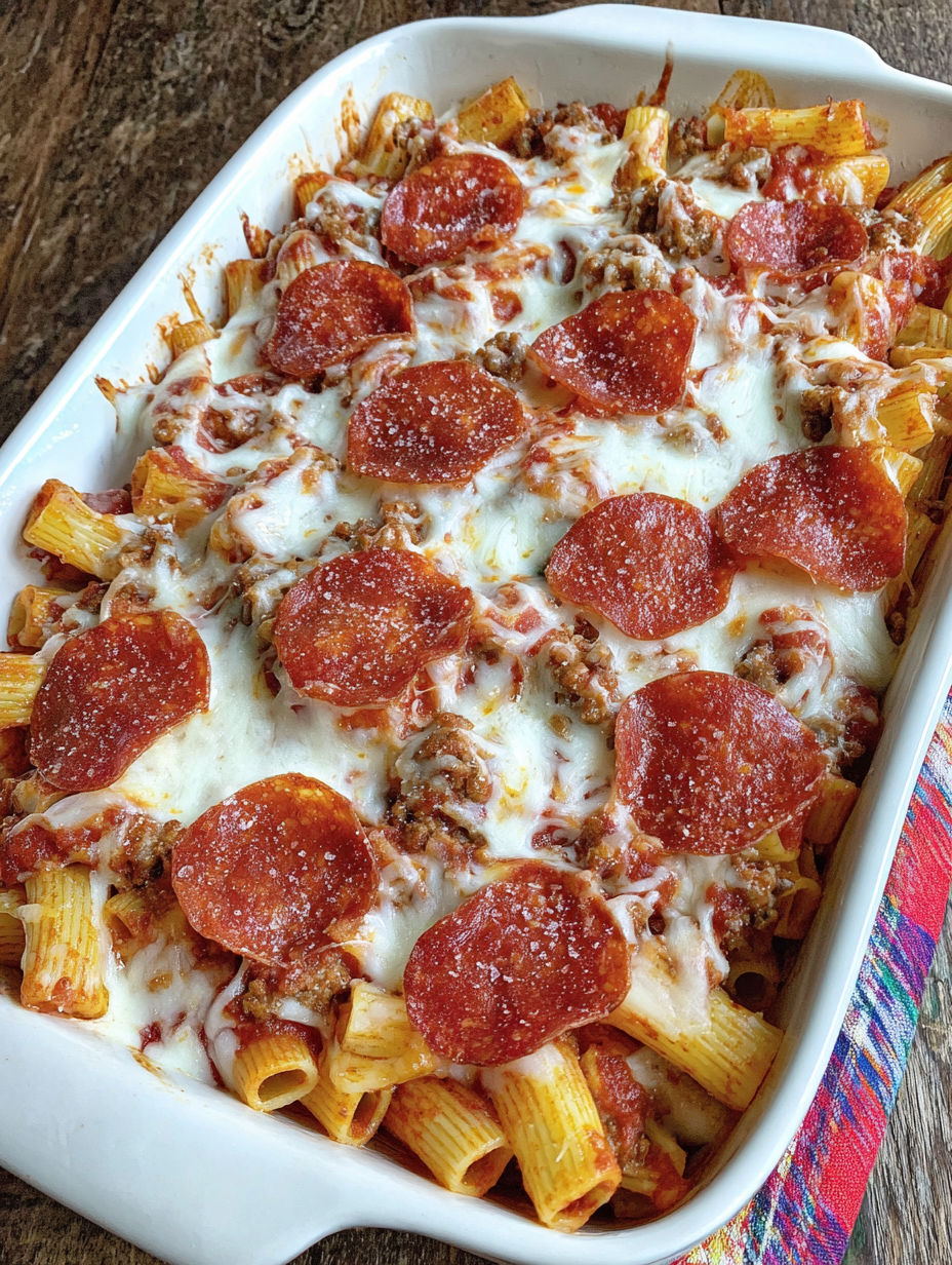 A dish of pasta with pepperoni and cheese.