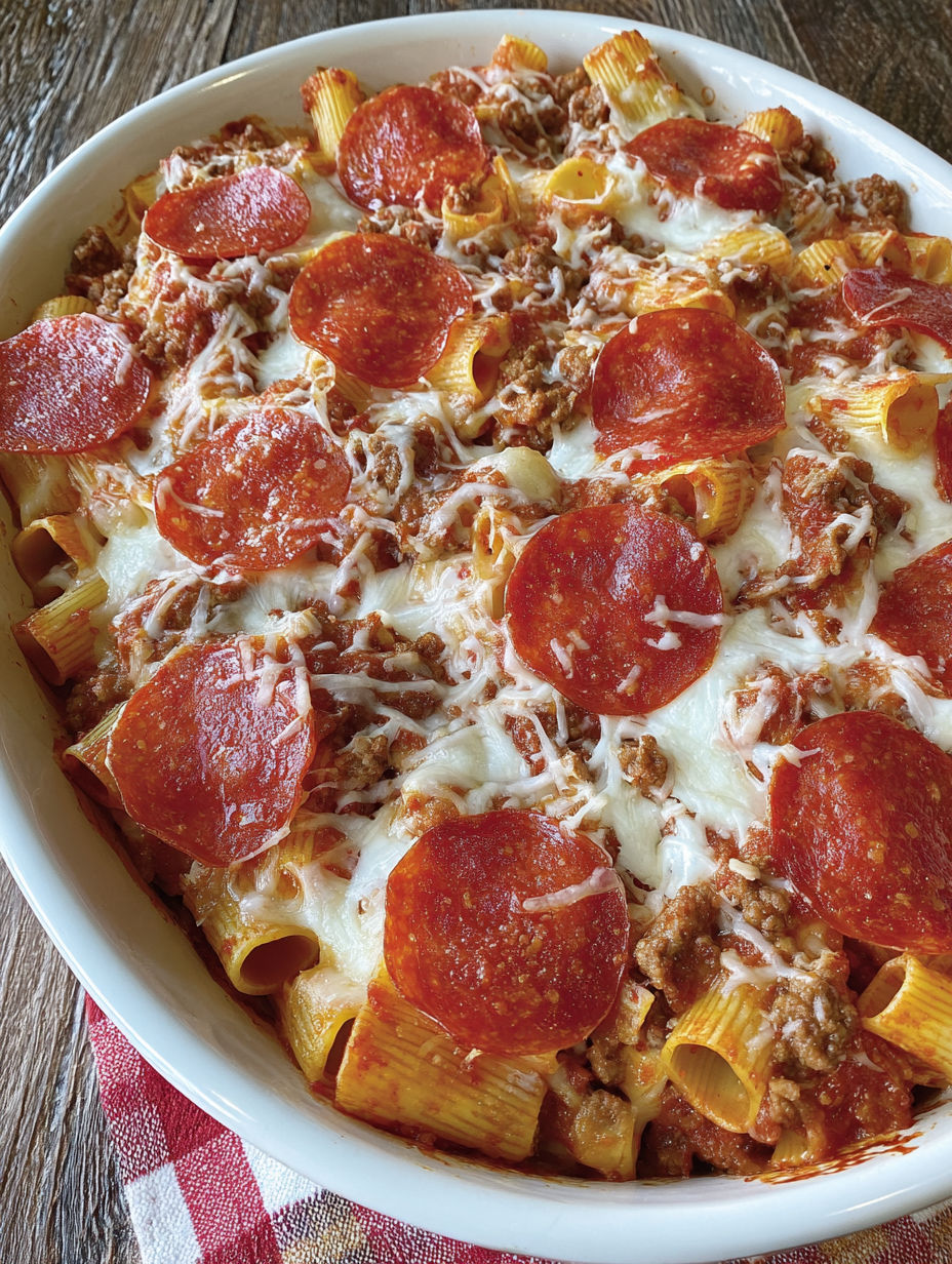 A bowl of pasta with pepperoni and cheese.